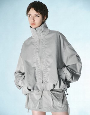 Light Grey Urban Revivo Zipper Front Drop Shoulder Sleeve Women's Jacket | 25793VDUN