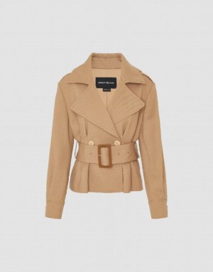 Light Khaki Urban Revivo Notch Lapel Skater With Belt Women's Jacket | 85296GHQO