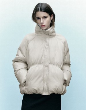 Light Khaki Urban Revivo Stand Collar Women's Puffer Jacket | 83965XVMJ