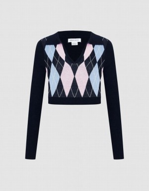 Multicolor Urban Revivo Argyle Crop Women's Sweaters | 90382OYLZ