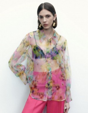 Multicolor Urban Revivo Flowers Printed Sheer Overhead Women's Blouse | 97068UYWZ