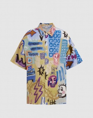 Multicolor Urban Revivo Graffiti Printed Loose Men's Shirts | 89071OHUS