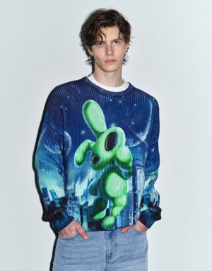 Multicolor Urban Revivo Interstellar Bunny Printed Knitted Men's Cardigan | 75294JIHN