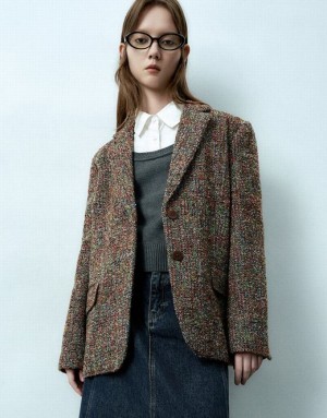 Multicolor Urban Revivo Notch Lapel Tweed Women's Blazers | 09187TZHO