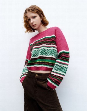 Multicolor Urban Revivo Striped Crew Neck Women's Sweaters | 27850JFRU