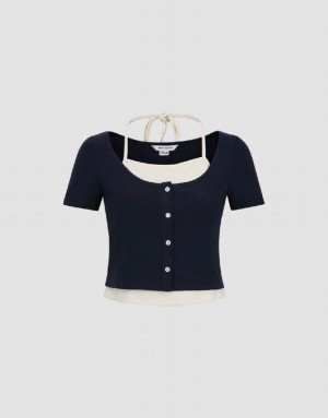 Navy Urban Revivo 2 In 1 Halter Neck Knitted Women's T-Shirts | 05782XHDT