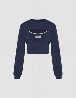 Navy Urban Revivo Cut-Out Crew Neck Knitted Women's T-Shirts | 65403HPEC