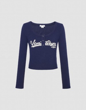 Navy Urban Revivo Letter Print With Press Buttons Women's T-Shirts | 40176BOQG