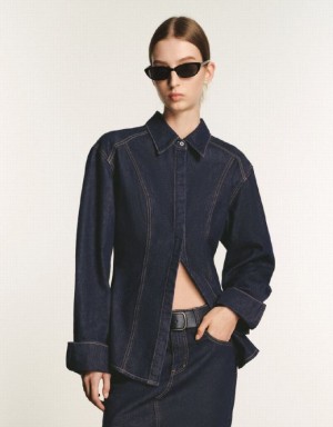 Navy Urban Revivo Skater Denim Women's Shirts | 31897OKQX