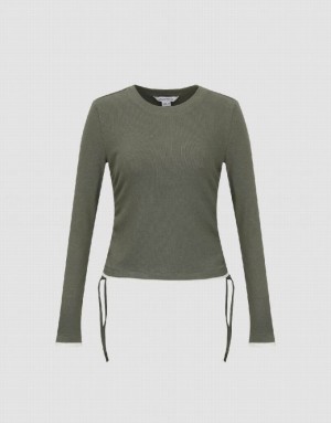 Olive Urban Revivo Crew Neck Skinny Women's T-Shirts | 85041JZCY