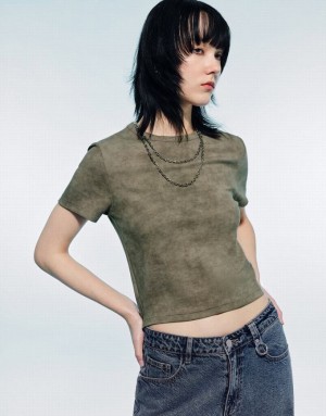 Olive Urban Revivo Printed Crew Neck Skinny Women's T-Shirts | 01528QOMX