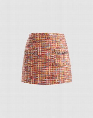 Orange Urban Revivo Patched Pocket Tweed Women's Skirts | 10324CQKR