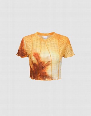 Orange Urban Revivo Printed Crew Neck Skinny Women's T-Shirts | 63217UOBC