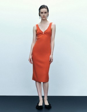 Orange Urban Revivo Sleeveless V-Neck Women's Knitted Dress | 15724QWZF