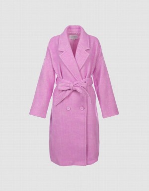 Pink Urban Revivo Belted Woolen Women's Coats | 93026MKDE