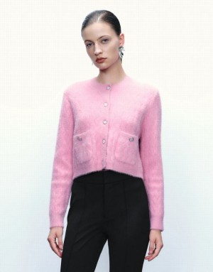 Pink Urban Revivo Button Up Crew Neck Knitted Women's Cardigan | 09638ZSUX