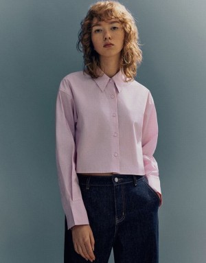 Pink Urban Revivo Button Up Straight Lapel Women's Shirts | 92531INAR