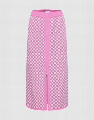 Pink Urban Revivo Checkered Midi Straight Knitted Women's Skirts | 56170YLSW