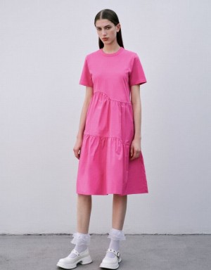 Pink Urban Revivo Crew Neck A-Line Women's Dress | 68409AMJY