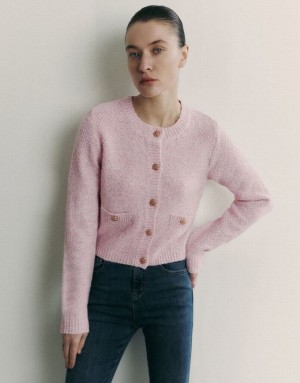 Pink Urban Revivo Crew Neck Knitted With Fake Pockets Women's Cardigan | 93625BWKN