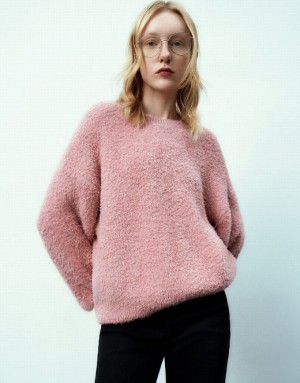 Pink Urban Revivo Crew Neck Knitted Women's Cardigan | 07924YDHW