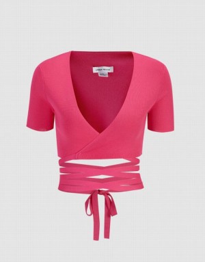 Pink Urban Revivo Crossover Plunging Knitted Crop Women's T-Shirts | 60457WDEY