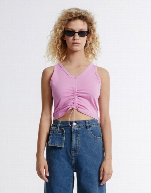 Pink Urban Revivo Drawstring Knit Women's Tank Top | 07613OMSX