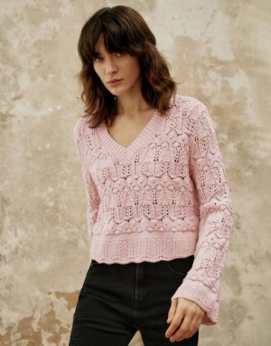 Pink Urban Revivo Drop Shoulder Sleeve V-Neck Knitted Women's Cardigan | 37916FKAP