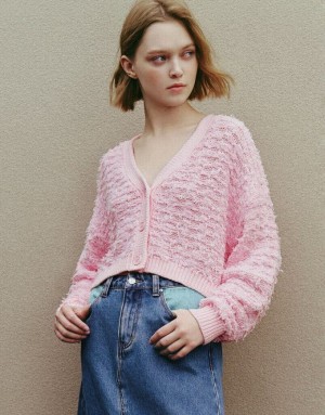 Pink Urban Revivo Drop Shoulder Sleeve V-Neck Knitted Women's Cardigan | 43715ILXV