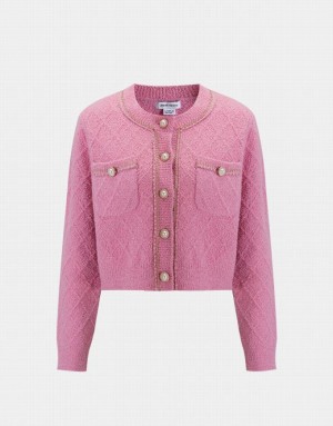 Pink Urban Revivo Fluffy Contrast Trim Faux Pearl Button Women's Cardigan | 92456CEZI