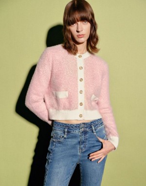 Pink Urban Revivo Furry Crew Neck Knitted Women's Cardigan | 07349EOSI