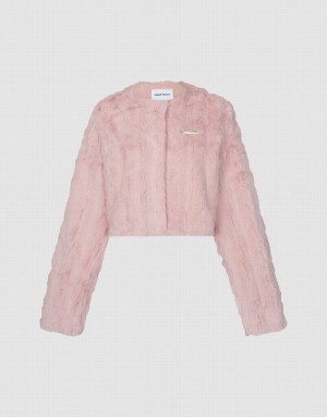 Pink Urban Revivo Furry Crew Neck Straight Women's Coats | 37415VCGH