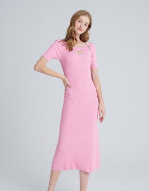 Pink Urban Revivo Heart Cut Out Ribbed Women's Knitted Dress | 82946WCOQ