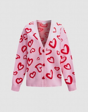 Pink Urban Revivo Heart Pattern Jacquard Button Up Oversized Women's Cardigan | 12938FKBL