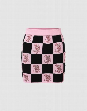 Pink Urban Revivo Hot Stuff Checkered Knitted Women's Skirts | 79528LWNF