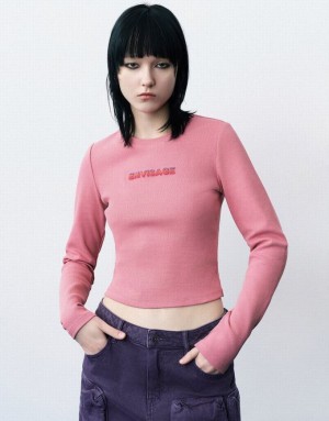 Pink Urban Revivo Letter Embossed Crew Neck Knitted Women's T-Shirts | 23541GWDT