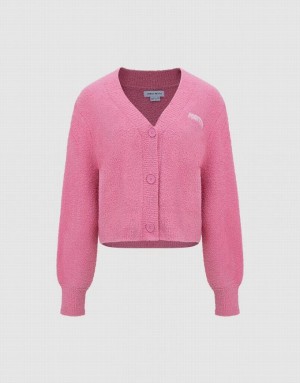 Pink Urban Revivo Letter Embroidered V-Neck Knitted Women's Cardigan | 81076ARCO