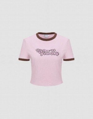 Pink Urban Revivo Letter Printed Crew Neck Regular Women's T-Shirts | 08294YVIU