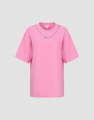 Pink Urban Revivo Necklace Decor Crew Neck Loose Women's T-Shirts | 42709SCOM