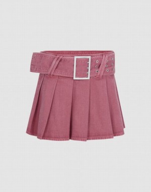 Pink Urban Revivo Pleated Mini A-Line Women's Denim Skirt | 72138VRCE