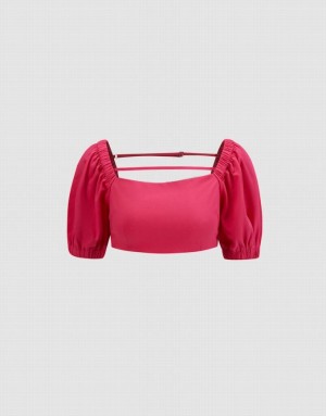 Pink Urban Revivo Puff Sleeve Crop Women's T-Shirts | 41890XPZS