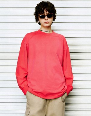 Pink Urban Revivo Raglan Sleeve Crew Neck Loose Women's Sweatshirts | 19824OKBH