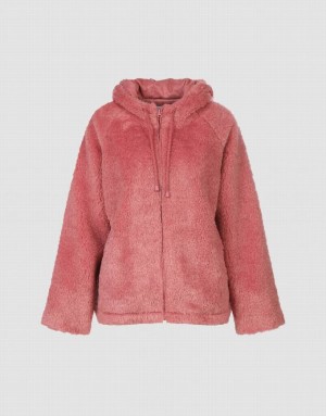 Pink Urban Revivo Raglan Sleeve Zipper Front Furry Women's Jacket | 63105TIZE