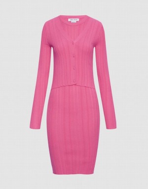 Pink Urban Revivo Ribbed Slinky Bodycon Women's Knitted Dress | 95682VUZA