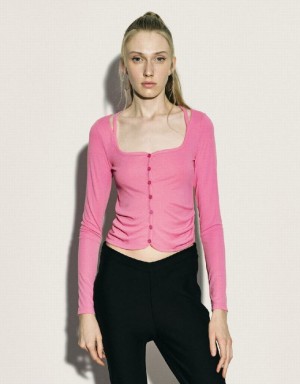 Pink Urban Revivo Ruched Crew Neck Knitted Top Women's Shirts | 30742QYTL