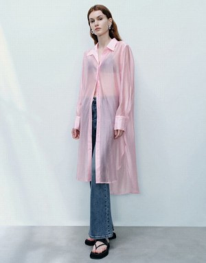 Pink Urban Revivo Sheer Long Straight Women's Shirts | 04239SUQY