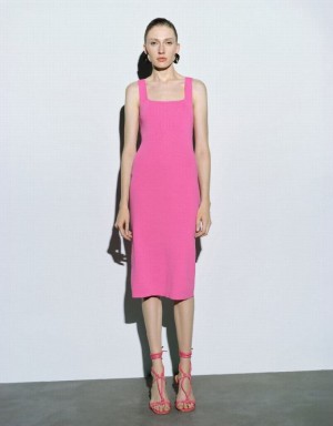 Pink Urban Revivo Sleeveless Square-cut Collar Women's Knitted Dress | 59142ECIH