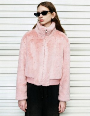 Pink Urban Revivo Stand Collar Straight Furry Women's Coats | 87415ELZV