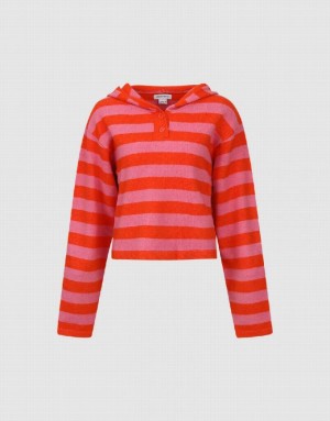 Pink Urban Revivo Striped Hooded Knitted Women's Cardigan | 41750BQWE