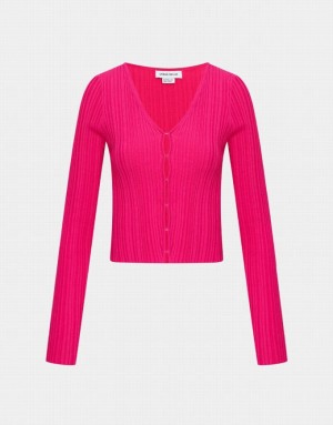 Pink Urban Revivo Textured Rib Knit Women's Cardigan | 51274LXPM